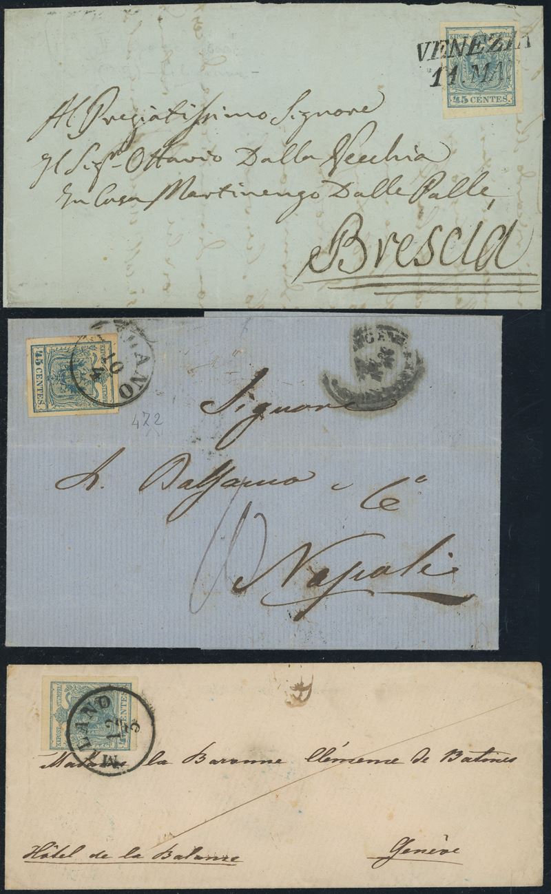 Lombardo Veneto - I emissione, tre interessanti lettere affrancate con il 45 cent.
