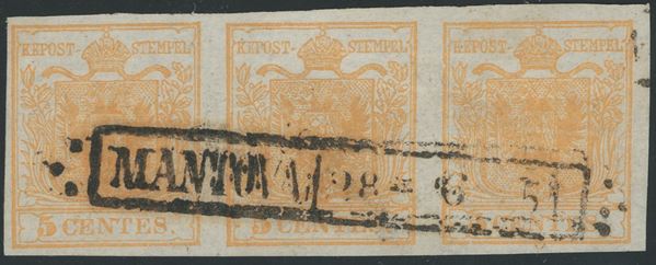 Lombardo Veneto - I emissione, 5 cent. in striscia di tre