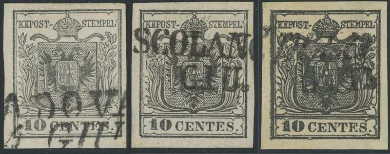 Lombardo Veneto - I emissione, 10 cent. Grigio Argento, Grigio Nero e Nero Intenso