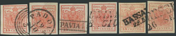 Lombardy-Venetia - 1st issue, 15 cents, 2nd and 3rd type with Batonè (Pseudo-Vergata) paper