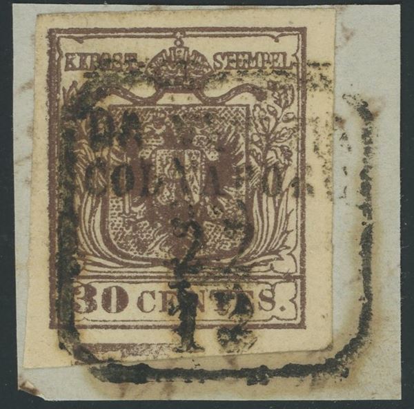 Lombardo Veneto - I emissione, 30 cent. I tipo bruno scuro con spazio tipografico in basso.