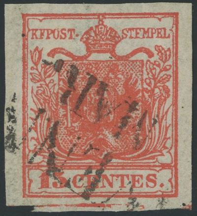 Lombardo-Veneto, I emissione, 15 cent. rosso vermiglio (I tipo con spazio tipografico)