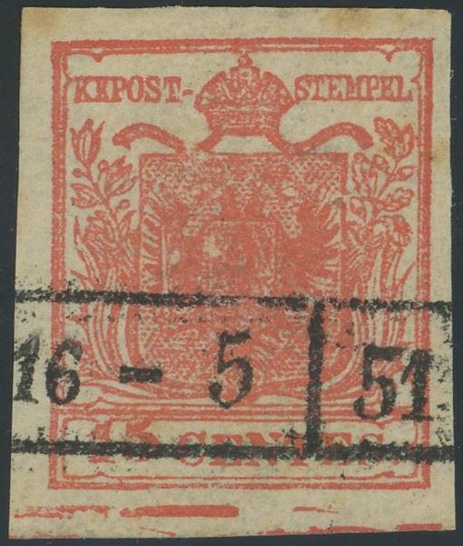 Lombardo Veneto - I emissione, 15 cent. rosso vermiglio II tipo con spazio tipografico.