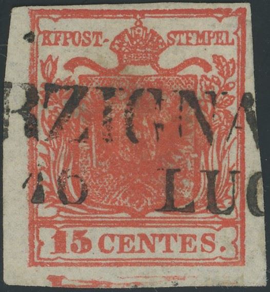 Lombardo Veneto - I emissione, 15 cent. I tipo con spazio tipografico.