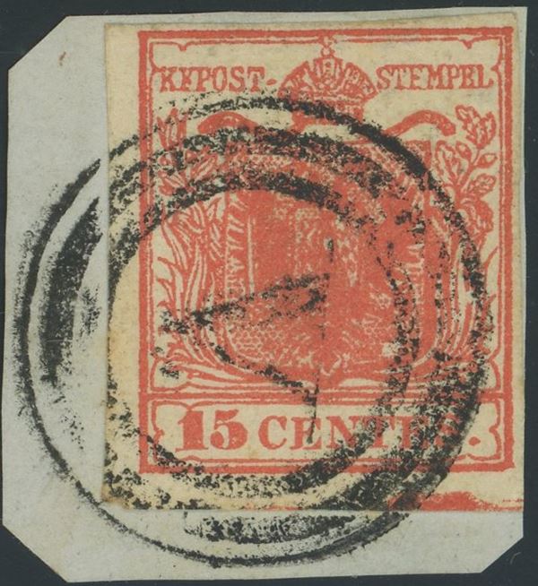 Lombardo Veneto - I emissione, rosso vermiglio intenso con spazio tipografico in basso.