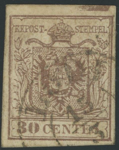 Lombardo Veneto - I emissione, 30 cent. carta a macchina con spazio tipografico in alto.