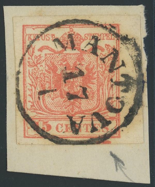 Lombardy-Veneto - 1st issue, 15 cents. Machine-made paper with typographic space.