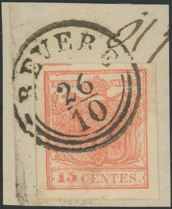 Lombardo Veneto - I emissione, 15 cent. carta a macchina con spazio tipografico