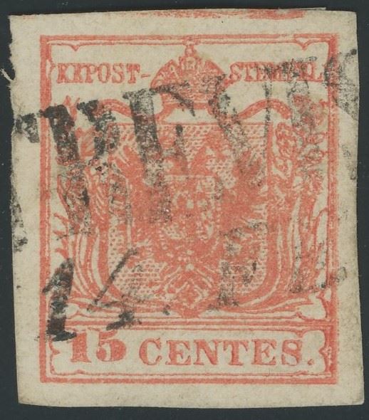 Lombardo Veneto - I emissione, 15 cent. III tipo con spazio tipografico.