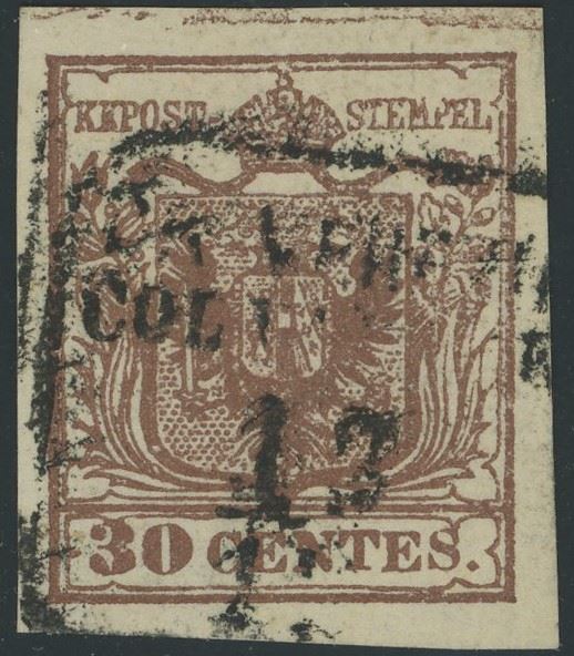 Lombardo Veneto - I emissione, 30 cent. I tipo con carta Batonè e spazio tipografico