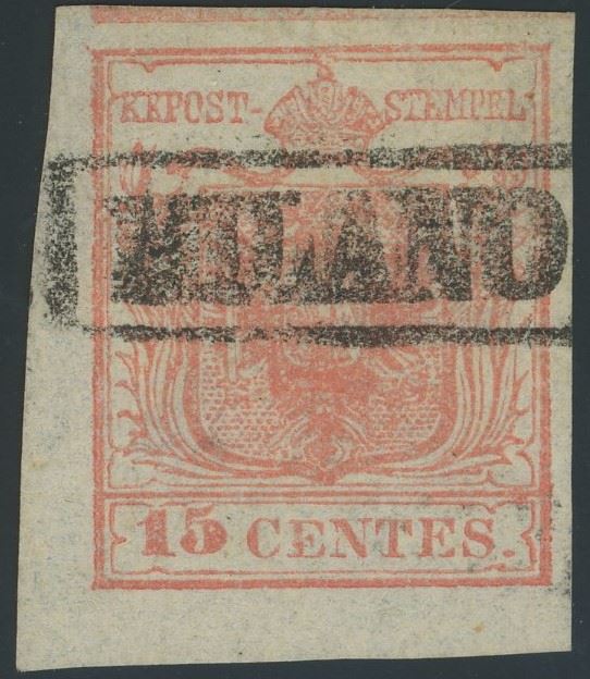 Lombardo Veneto - I emissione, 15 cent. II tipo rosa carmicino con spazio tipografico in alto.