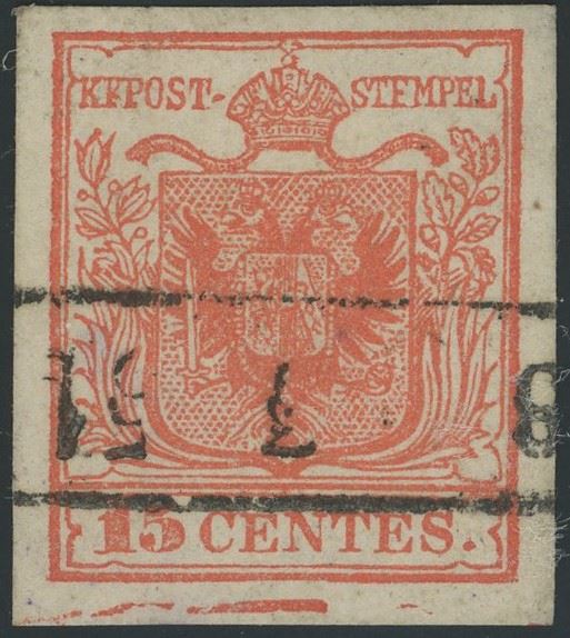 Lombardo Veneto, 15 cent. I tipo con spazio tipografico.