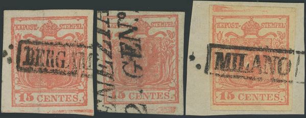 Lombardo Veneto, 15 cent. II tipo n.5, tre esemplari con spazio tipografico.