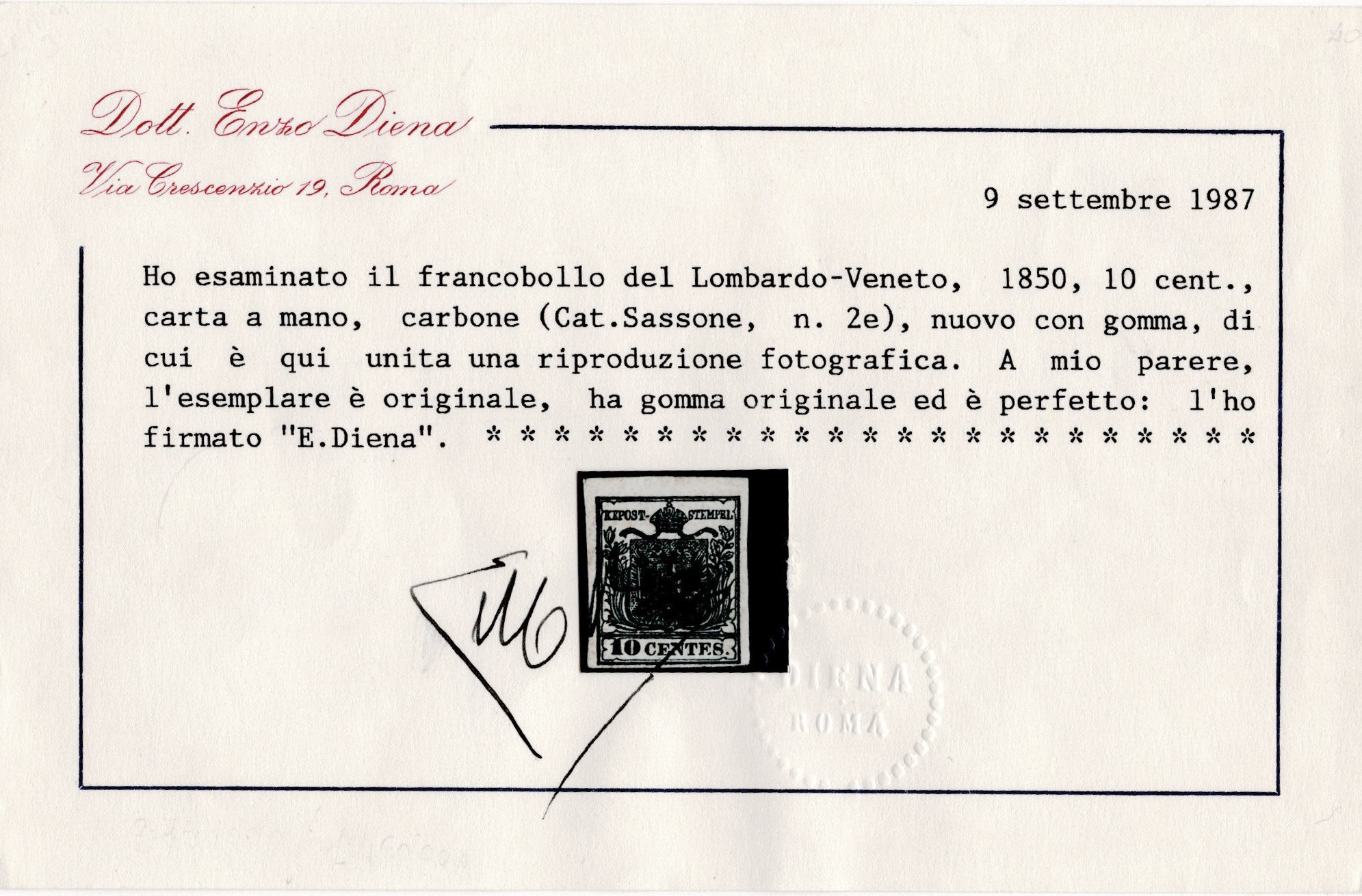 Lombardo Veneto, I emissione 10 cent. nero carbone nuovo con gomma.