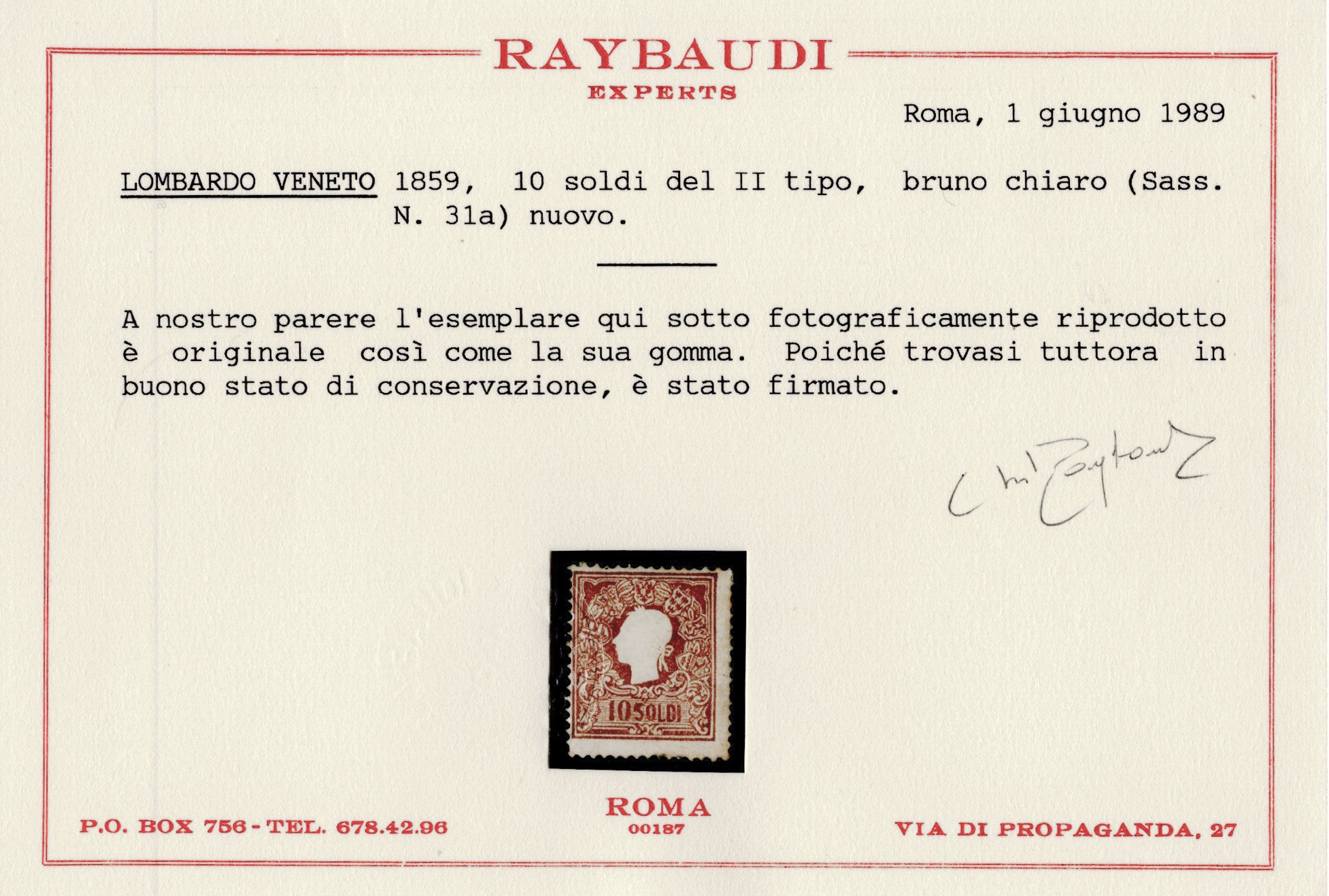 Lombardo Veneto, II emissione 10 soldi n. 31 nuovo con gomma