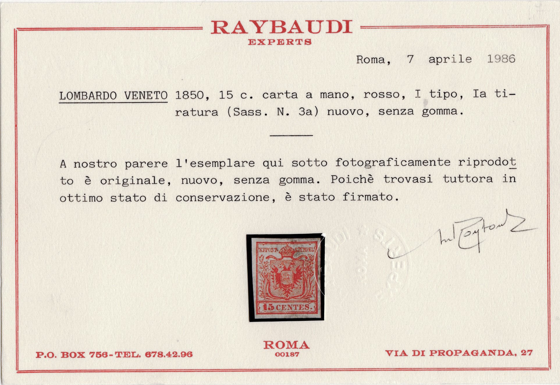 Lombardo-Veneto, I emissione — 15 centesimi rosso, prima tiratura
