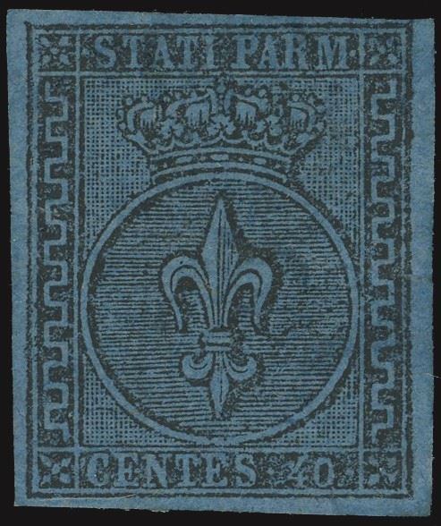 1852, 40 centesimi azzurro n.5, emissione originale con gomma