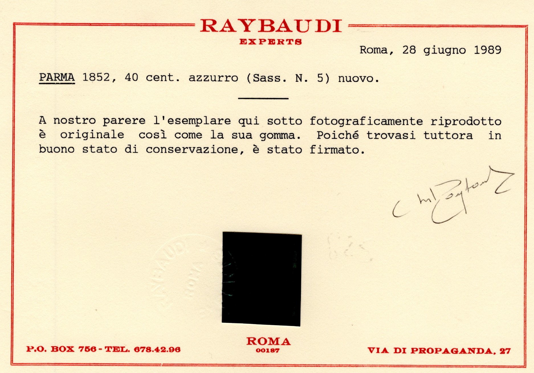 1852, 40 centesimi azzurro n.5, emissione originale con gomma
