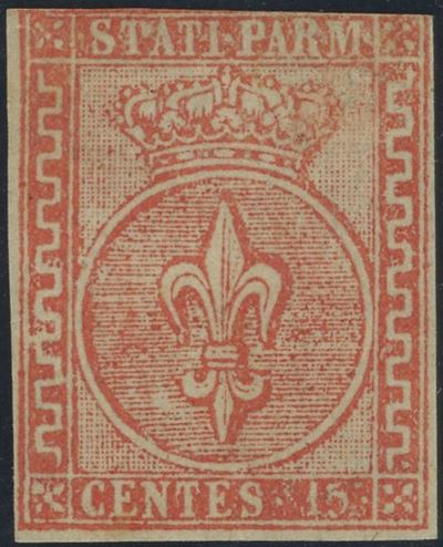 Parma, 15 centesimi rosso vermiglio n.7a, 1853, nuovo con gomma originale