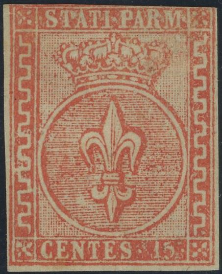 Parma, 15 centesimi rosso vermiglio n.7a, 1853, nuovo con gomma originale