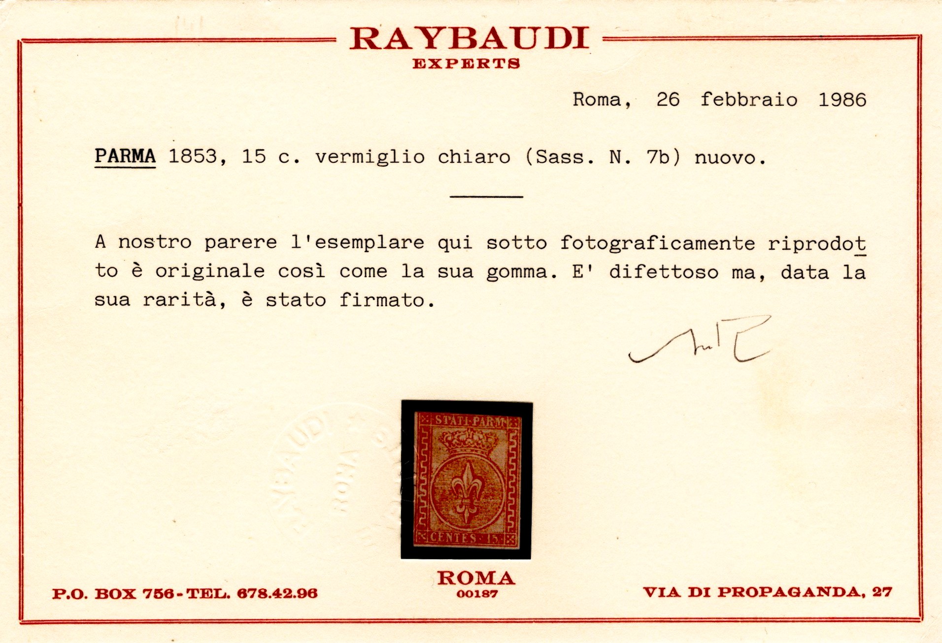 Parma, 15 centesimi rosso vermiglio n.7a, 1853, nuovo con gomma originale