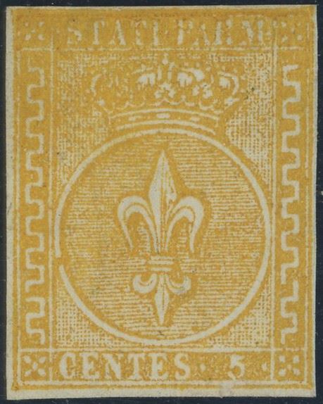 Parma, 5 centesimi giallo S.G. n. 6a del 1853, nuovo senza gomma