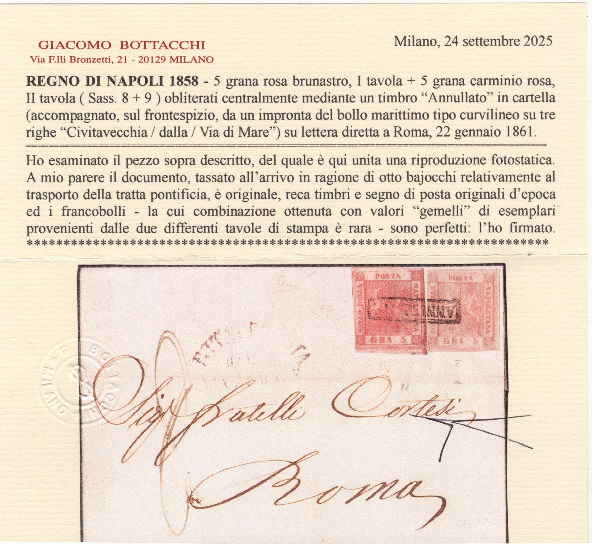 Napoli, Lettera viaggiata affrancata con 5gr. I tav. e 5gr. II tav.