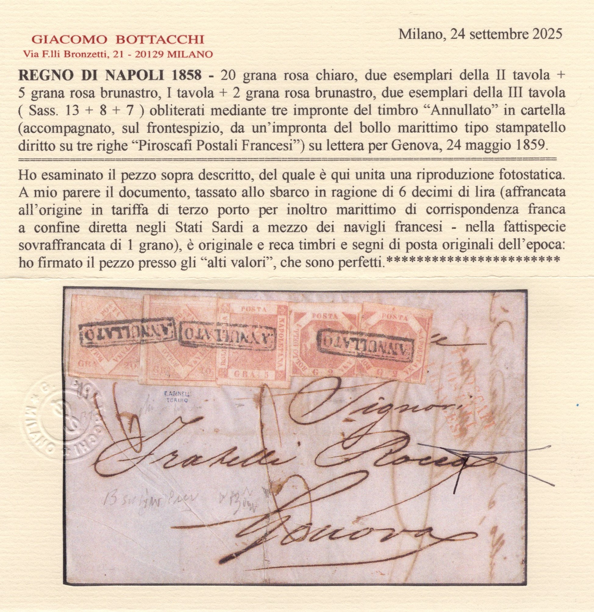 Affrancatura straordinaria, Napoli - Lettera per Genova