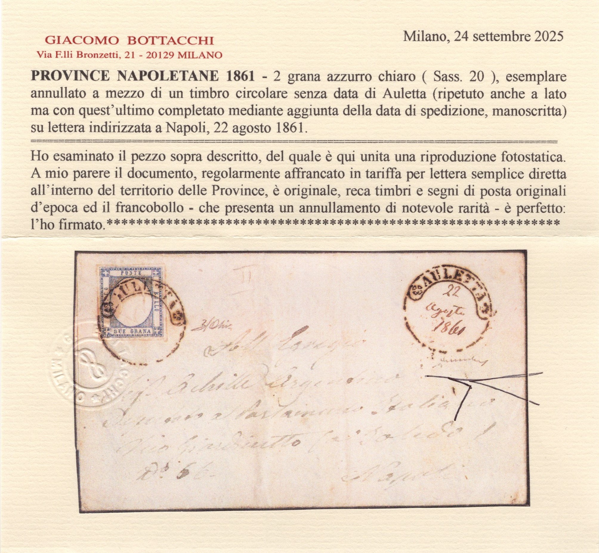Busta da Auletta per Napoli, affrancata con 2gr. azzurro n.20, senza data