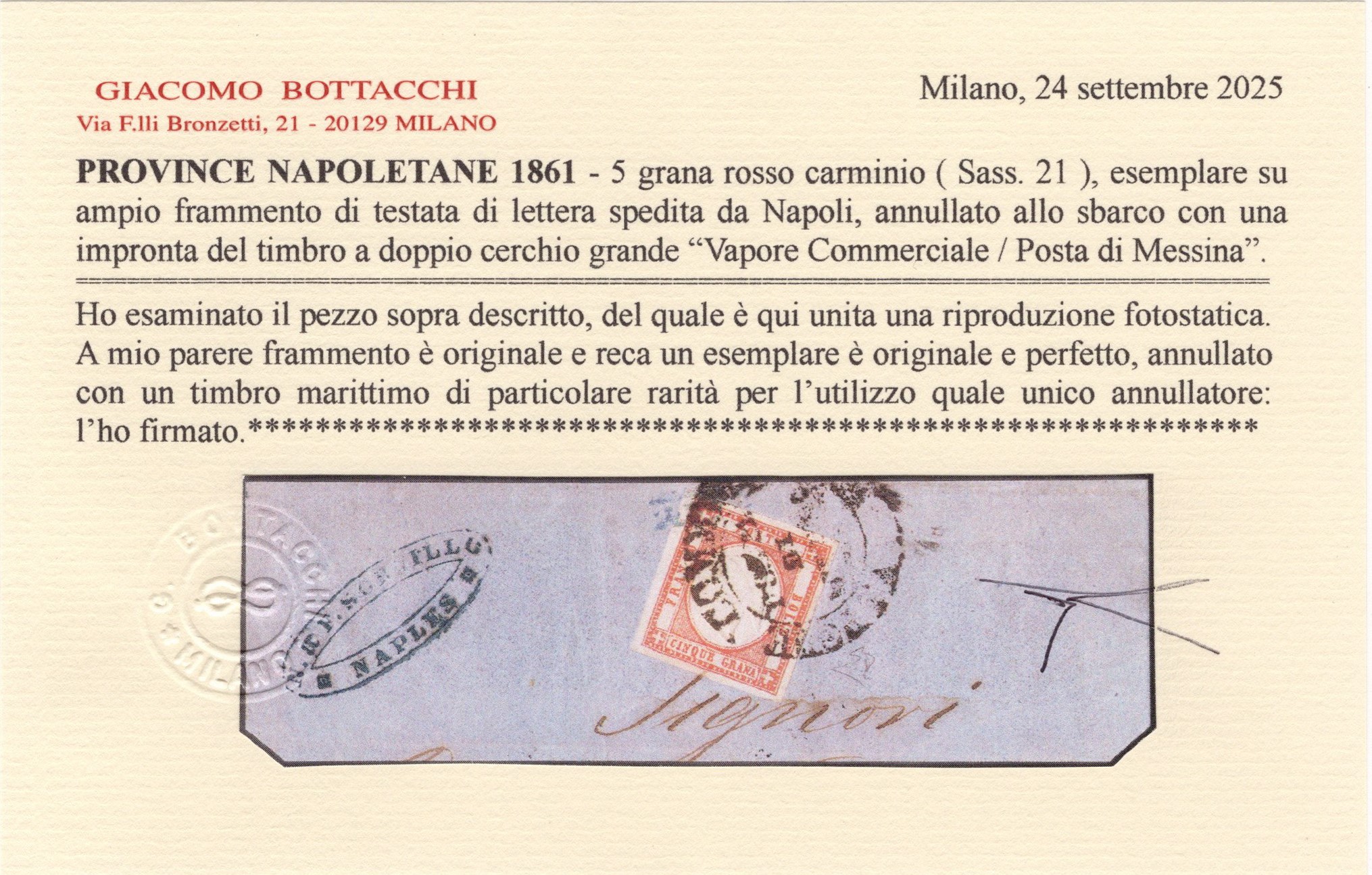 Prov. Napoletane, 5 gr. rosso carminio n. 21 - Annullato 'Vapore Commerciale - Posta di Messina' ...