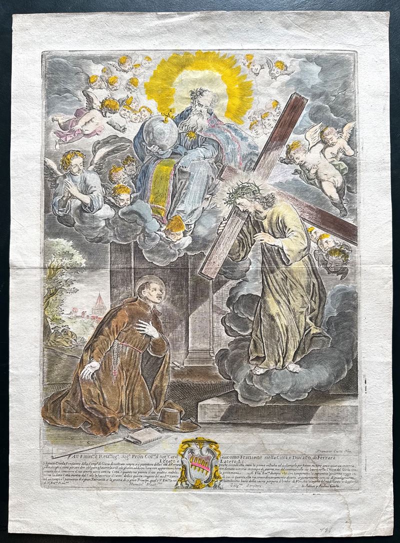 Francesco Curti - L'apparizione di Cristo con la croce a Sant'Ignazio di Loyola, acquaforte