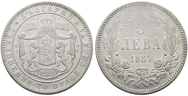 BULGARIA. Alessandro I (1879-1886). 5 leva 1884. KM 7; Ag; 25gr. Fondi lucenti.