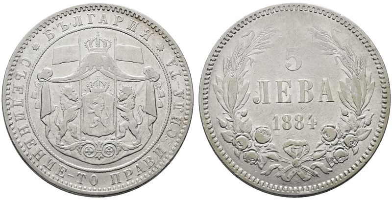 Bulgaria. Alessandro i (1879-1886). 5 Leva 1884. Km 7; Ag; 25gr. Fondi Lucenti.