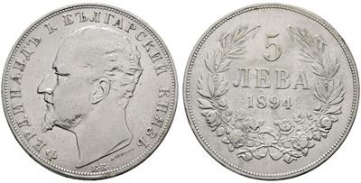Bulgaria. Ferdinando i (1887-1918). 5 Leva 1894. Km 18; Ag; 25gr