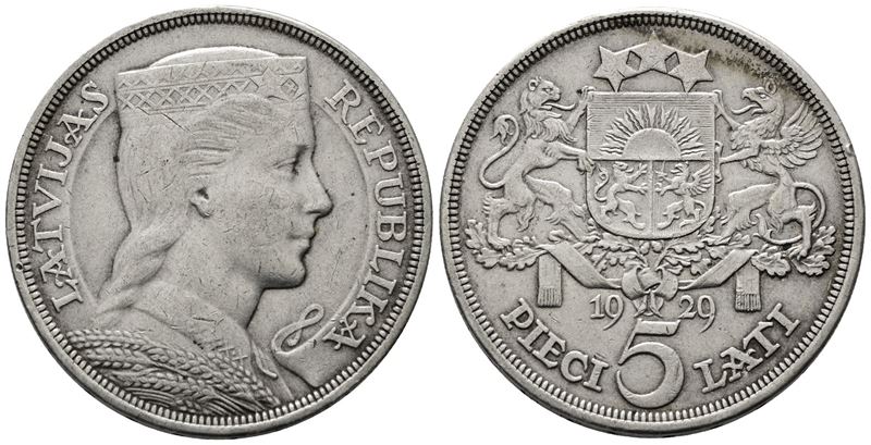 Lettonia. 5 Lati 1929. Km 9; Ag; 25gr