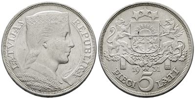 Lettonia, 5 lati, 1931. KM 9; Argento; 25 gr, SPL