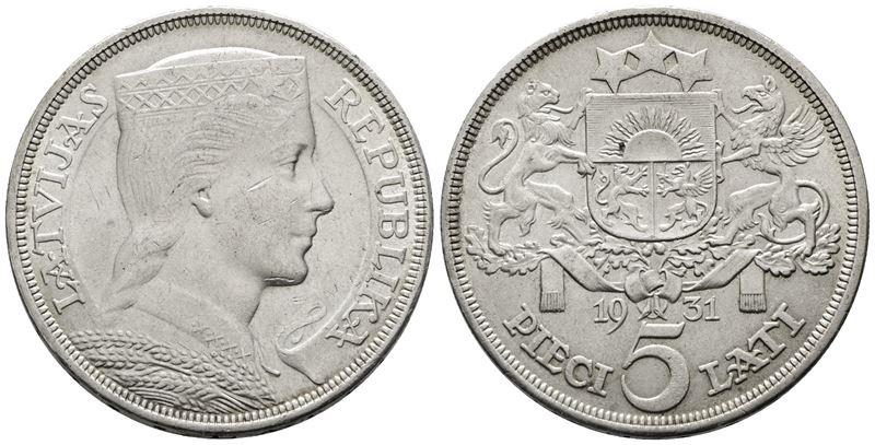 Lettonia, 5 lati, 1931. KM 9; Argento; 25 gr, SPL