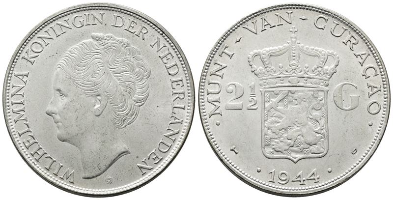 ANTILLE OLANDESI. Guglielmina (1890-1948). 2,5 gulden 1944. KM 46; Ag; 25gr
