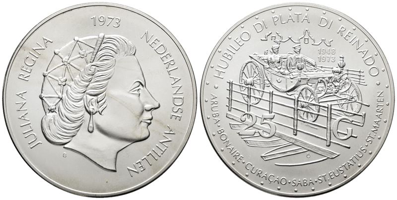 ANTILLE OLANDESI. Giuliana (1948-1980). 25 gulden 1973. Per i 25 anni di regno. KM 14; Ag; 42,12g...
