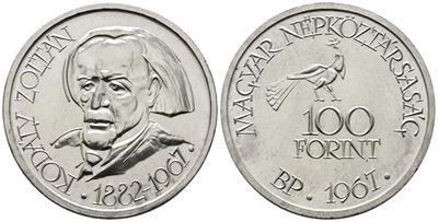 Ungheria. 100 Fiorini 1967. per gli 85 Anni dalla Nascita di Zoltan Kodaly. Km 579; Ag; 28gr
