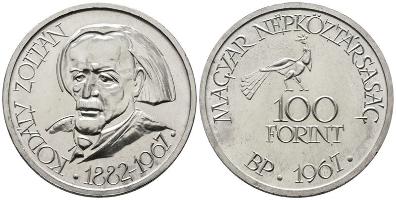 Ungheria. 100 Fiorini 1967. per gli 85 Anni dalla Nascita di Zoltan Kodaly. Km 579; Ag; 28gr