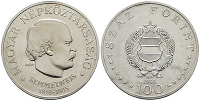 Ungheria. 100 Fiorini 1968. per gli 150 Anni dalla Nascita di Semmelweis. Km 584; Ag; 28gr