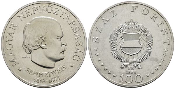 UNGHERIA. 100 fiorini 1967. Per gli 150 anni dalla nascita di Semmelweis. KM 584; Ag; 28gr
