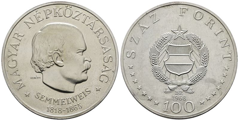 Ungheria. 100 Fiorini 1968. per gli 150 Anni dalla Nascita di Semmelweis. Km 584; Ag; 28gr