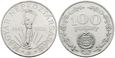 Ungheria. 100 Fiorini 1970. per i 25 Anni della Liberazione 1945-1970. Km 593; Ag; 22gr. Fdc