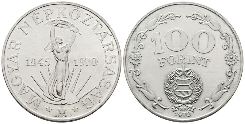Ungheria. 100 Fiorini 1970. per i 25 Anni della Liberazione 1945-1970. Km 593; Ag; 22gr