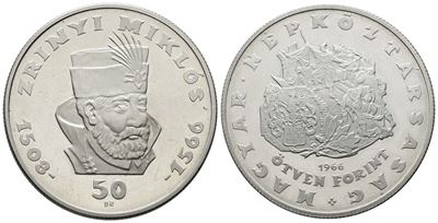 Ungheria. 50 Fiorini 1966. per i 400 Anni dalla Morte di Zrinski. Km 568; Ag; 20gr