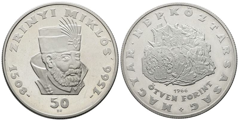 Ungheria. 50 Fiorini 1966. per i 400 Anni dalla Morte di Zrinski. Km 568; Ag; 20gr