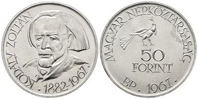 Ungheria. 50 Fiorini 1967. per gli 85 Anni dalla Nascita di Zoltan Kodaly. Km 578; Ag; 20gr