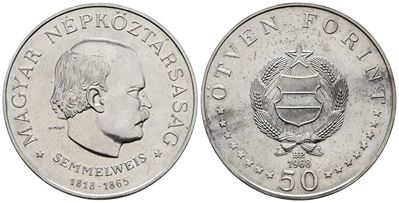 Ungheria. 50 Fiorini 1968. per gli 150 Anni dalla Nascita di Semmelweis. Km 582; Ag; 20gr